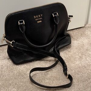 DKNY Black Pebbled Leather Satchel with Gold Accents and Detachable Strap
